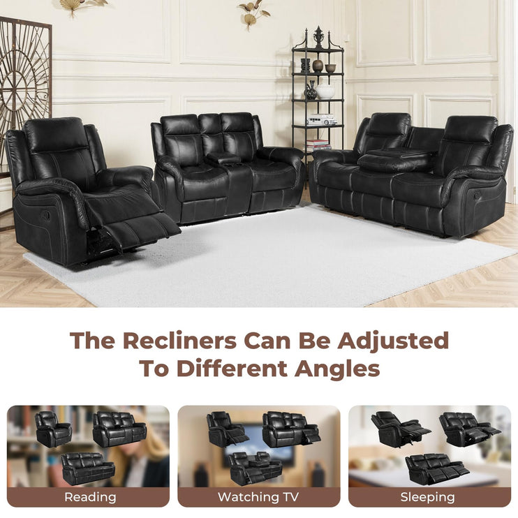 Leather Manual Recliner Sofa Set, Reclining Sofa Chair with Adjustable Angle, Living Room Furniture Sets, Includes Single Recliner Chair and Loveseat Sofa, Black
