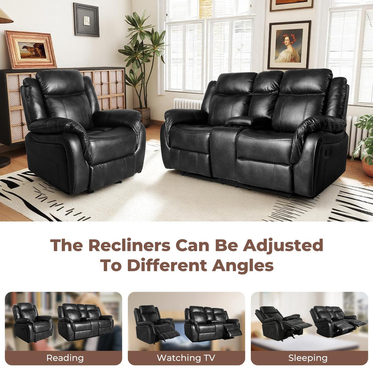 Leather Manual Recliner Sofa Set, Reclining Sofa Chair with Adjustable Angle, Living Room Furniture Sets, Includes Single Recliner Chair and Loveseat Sofa, Black