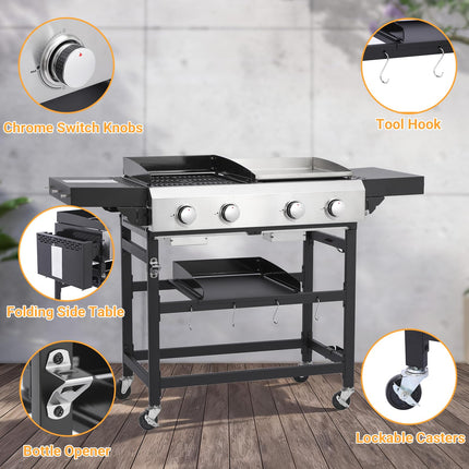 4 Burner Gas Grill and Griddle Combo with Foldable Side Table, Wheels, Stainless Steel Burners, Hooks, 38,240 BTU Gas Grill for Patio, Garden Barbecues