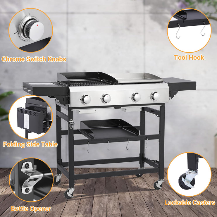 4 Burner Gas Grill and Griddle Combo with Foldable Side Table, Wheels, Stainless Steel Burners, Hooks, 38,240 BTU Gas Grill for Patio, Garden Barbecues