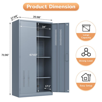 72" H Metal Storage Cabinet, Garage Storage Cabinet with 2 Doors and 4 Adjustable Shelves, Tall Lockable Cabinet for Kitchen, Office, Home or Garage（Grey）