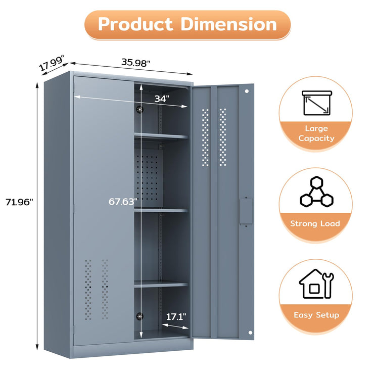 72" H Metal Storage Cabinet, Garage Storage Cabinet with 2 Doors and 4 Adjustable Shelves, Tall Lockable Cabinet for Kitchen, Office, Home or Garage（Grey）