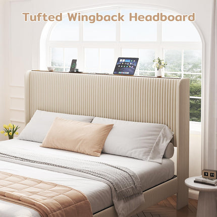 Full Size Velvet Bed Frame with Upholstered Headboard, Tufted Velvet Wingback Storage Headboard, Full Platform Bed Frames w/Charging Station & LED Light, Underbed Storage Space, Beige