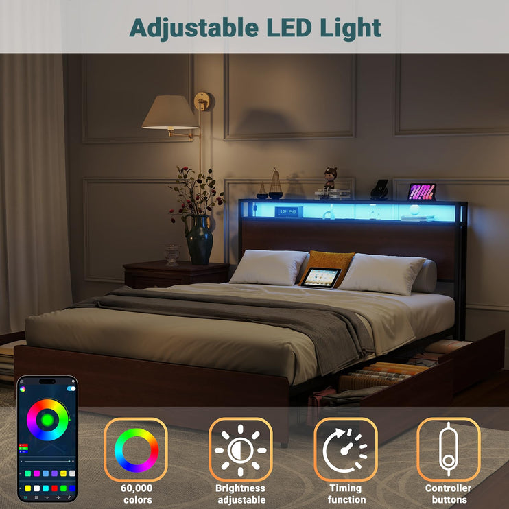 Queen Size Bed Frame with 4 Storage Drawers, Queen Platform Bed Frames with 2 Tier Storage Headboard, Charging Station, Adjustable LED Light, Noise-Free, No Box Spring Required, Reddish Brown