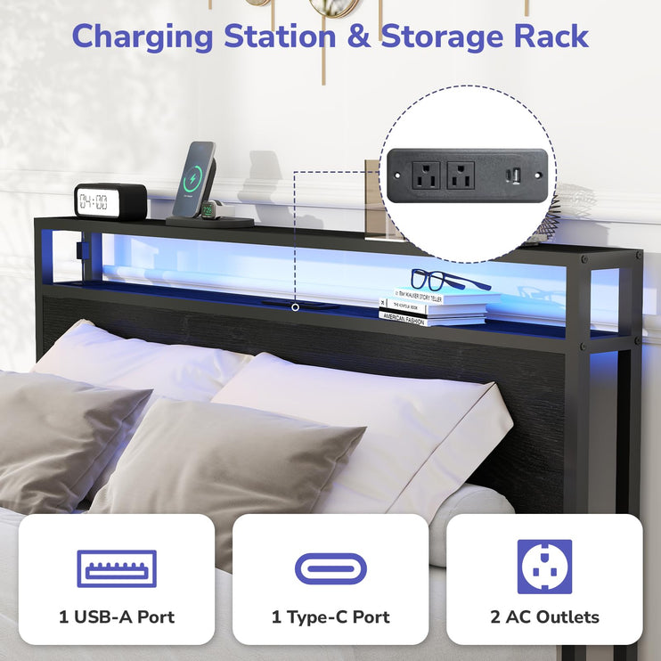 Full Bed Frame with 2 Storage Drawers, Bed Frame Full Size with Headboard, LED Light, Charging Station with 2 USB Ports & 2 AC Ports, Noiseless, Black