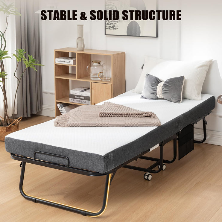 Folding Bed with 5" Mattress for Adults Portable Rollaway Bedframe for Guests, Strong Metal Frame 75” x 39” Black Gray