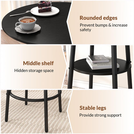 3 Pieces Round Bar Table Set, Small Dining Table for 2, Black Kitchen Bar Table, Breakfast Table with Storage, 2 Thickened Cushion Stools with Backrest for Dining Room & Bistro-Black