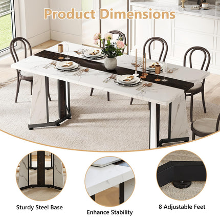 70.9" Large Dining Table for 8, Wood Dining Table for 6-8, Farmhouse Kitchen Table with Spacious Tabletop & V-Shaped Steel Base, 8 Adjustable Legs for Kitchen, Office, Dining Room-White