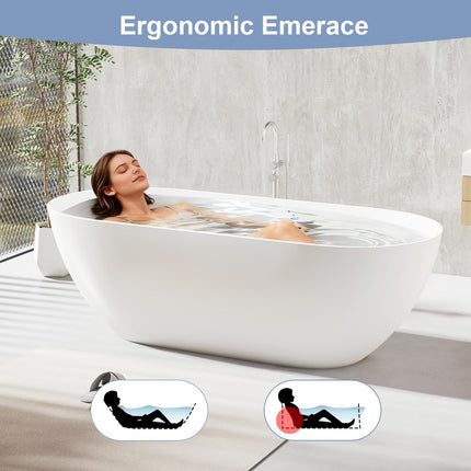 59/63/69 Inch Solid Surface Freestanding Bathtub, Oval Shaped Soaking Stone Resin Bath Tub with Brushed Overflow and Drain, Matte White Stand Alone Bathtub, cUPC Certified