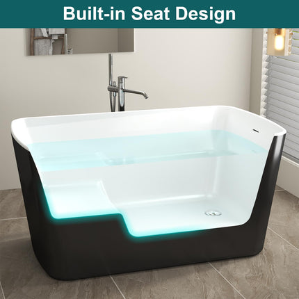 49" Glossy White Acrylic Freestanding Soaking Tub w/Seat- Contemporary Design with Toe-Tap Drain & Brushed Nickel Overflow - 55 Gal, cUPC Certified