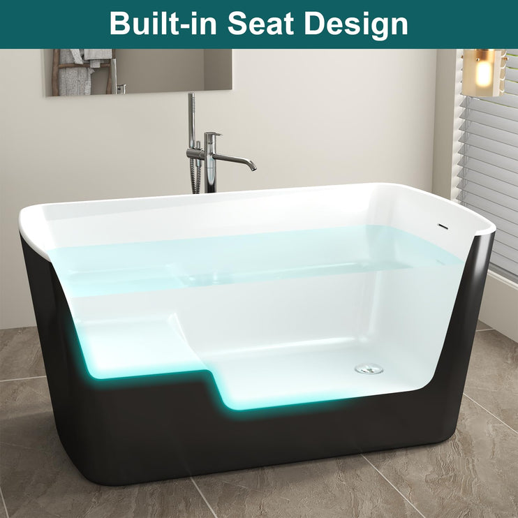 49" Glossy White Acrylic Freestanding Soaking Tub w/Seat- Contemporary Design with Toe-Tap Drain & Brushed Nickel Overflow - 55 Gal, cUPC Certified