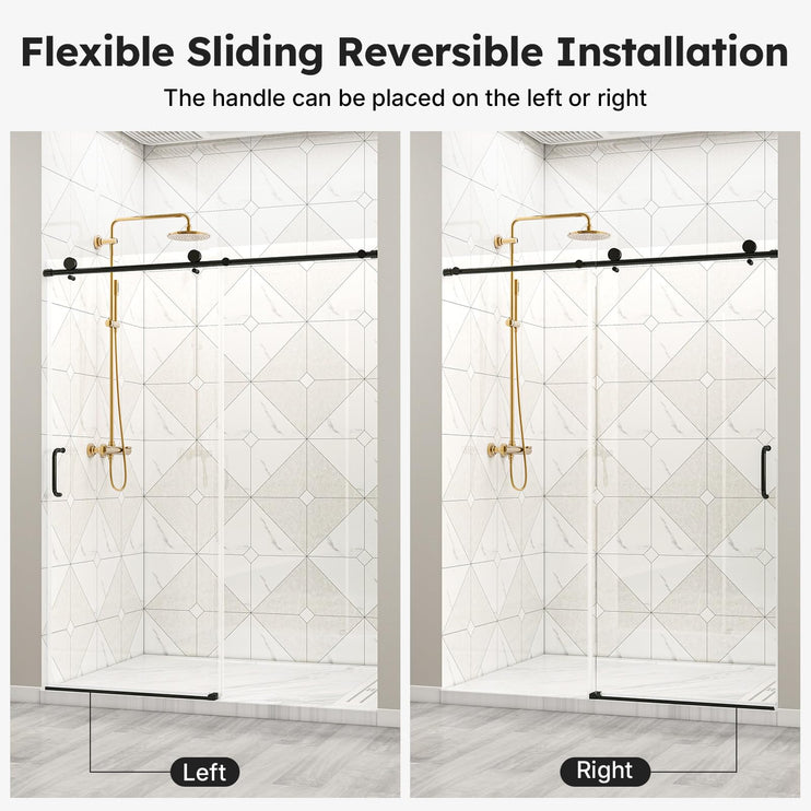 56"-60" W x 76" H Frameless Sliding Shower Door, Bathroom Sliding Door with 1/4'' (6mm) Tempered Glass, Explosion-Proof Film, Silent Soft-Close Shower Door, Stainless Steel Handle, Black