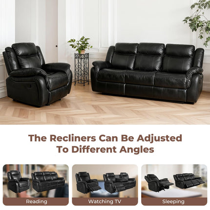 Leather Manual Recliner Sofa Set, Reclining Sofa Chair with Adjustable Angle, Living Room Furniture Sets, Includes Single Recliner Chair and Loveseat Sofa, Black