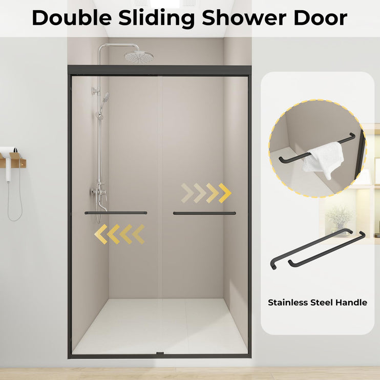 44"-48"W x 72"H Double Sliding Shower Door, Bathroom Sliding Shower Door with 1/4" (6mm) Thick Clear Tempered Glass, Silent Soft-Close Shatterproof Shower Door, Stainless Steel Handle, Black