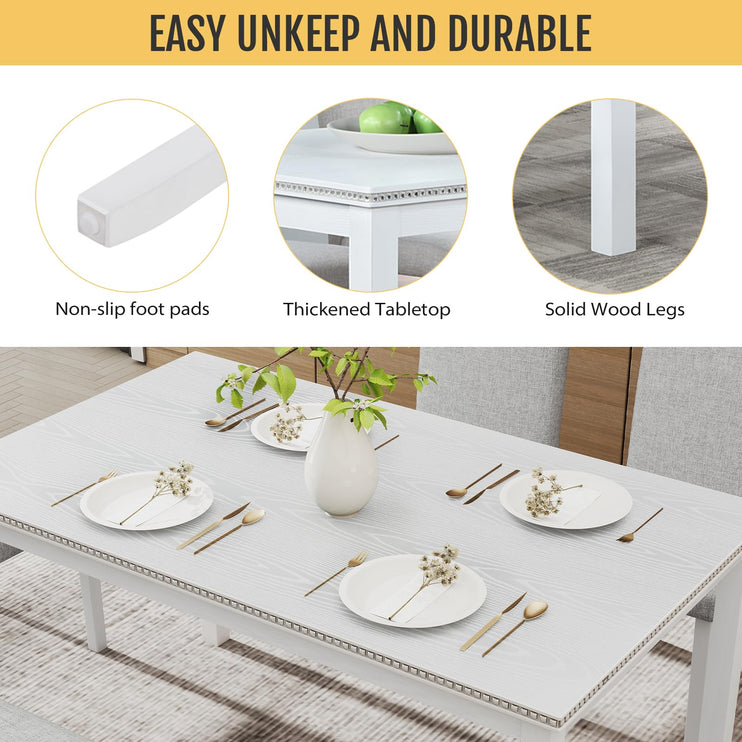 6-Piece Solid Wood Dining Table Set, Including 1 Dining Table, 4 Upholstered Chairs and 1 Bench, Wooden Legs Dining Table Set for Dining Room, Kitchen, Restaurant, White Diamond