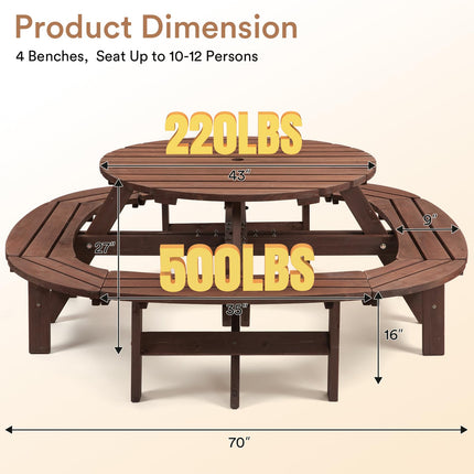 Wood Picnic Table for 10-12 People, Round Top with Umbrella Hole, 4 Built-in Curved Benches, 2220LBS Capacity for Patios & Backyards, Brown