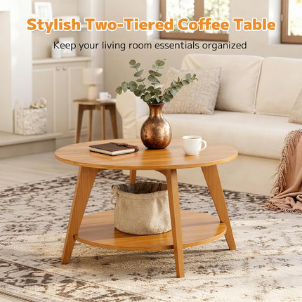 Round Coffee Table, 31.5" Small Coffee Table with Storage Shelf, 2-Tier Circle Wood Rustic Center Table, Farmhouse Style Small Coffee Tables for Living Room, Apartment, Walnut