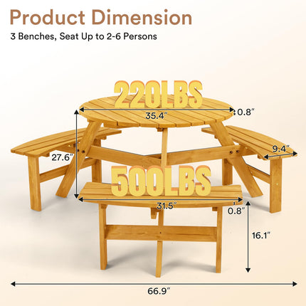 6 Person Wood Picnic Table, Round Tabletop with Umbrella Hole, 3 Built-in Curved Benches, 1720LBS Total Capacity for Balcony, Garden, Light Wood Color