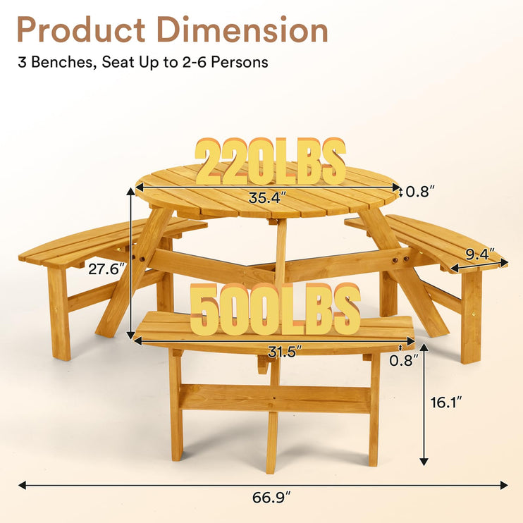 6 Person Wood Picnic Table, Round Tabletop with Umbrella Hole, 3 Built-in Curved Benches, 1720LBS Total Capacity for Balcony, Garden, Light Wood Color