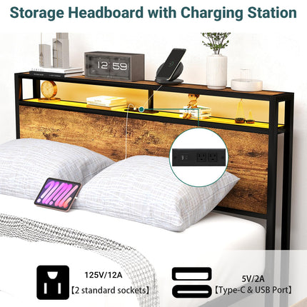 Queen Bed Frame with 8 Storage Drawers, Queen Metal Bed Frame with LED Light and Charging Station, Heavy Duty Metal Slats, No Box Spring Needed, Rustic Brown