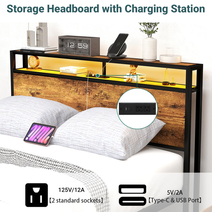 Queen Bed Frame with 8 Storage Drawers, Queen Metal Bed Frame with LED Light and Charging Station, Heavy Duty Metal Slats, No Box Spring Needed, Rustic Brown