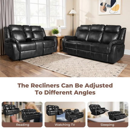 Leather Manual Recliner Sofa Set, Reclining Sofa Chair with Adjustable Angle, Living Room Furniture Sets, Includes Single Recliner Chair and Loveseat Sofa, Black