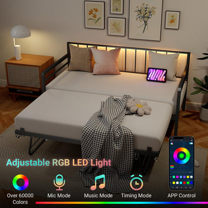 Twin Daybed with Pop Up Trundle, Metal Day Bed Frame with LED Lights and Charging Station, Day Bed with Trundle Bed Twin, Black Daybed for Living Room, Bedroom, Guest Room