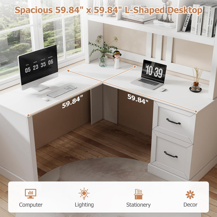 60" L Shaped Desk with Hutch and Drawers, Corner Computer Desk with Open Storage Shelves, Wooden Executive Desk for Home Office or Bedroom, Modern White