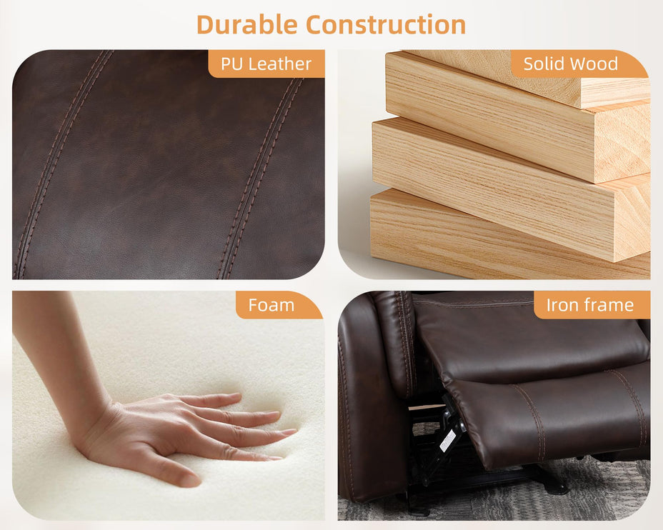 3-Piece Recliner Sofa Set, 1+2+1, 1+3+1, 1+2+3 Pieces in Living Room, Loveseat Sofa, Recliner Chair & Sofa Set with PU Leather, Cup Holders, Backrest & Angle Adjustment for Office & Home Theater, Brown Seat