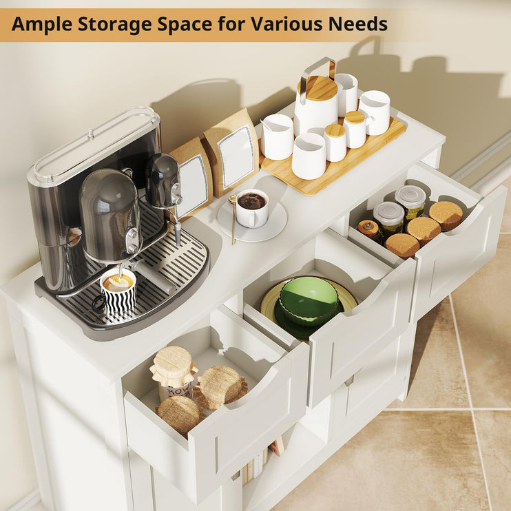 Modern Farmhouse Sideboard Buffet Cabinet, Kitchen Storage Cabinet, Coffee Bar Cabinet with Drawer and Adjustable Shelf, Accent Cabinets with Storage for Kitchen, Dining Room, White