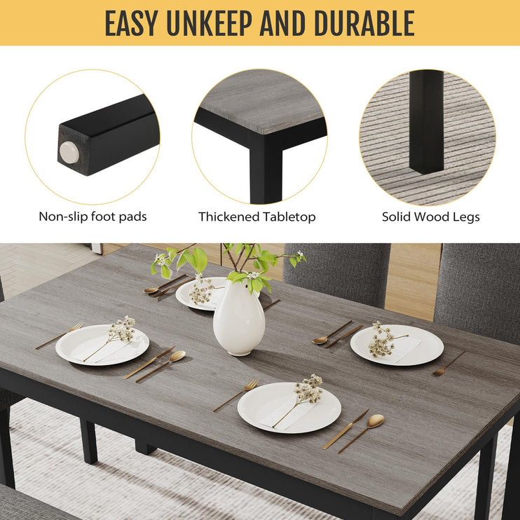 6-Piece Solid Wood Dining Table Set, Including 1 Dining Table, 4 Upholstered Chairs and 1 Bench, Wooden Legs Dining Table Set for Dining Room, Kitchen, Restaurant, Dark Grey