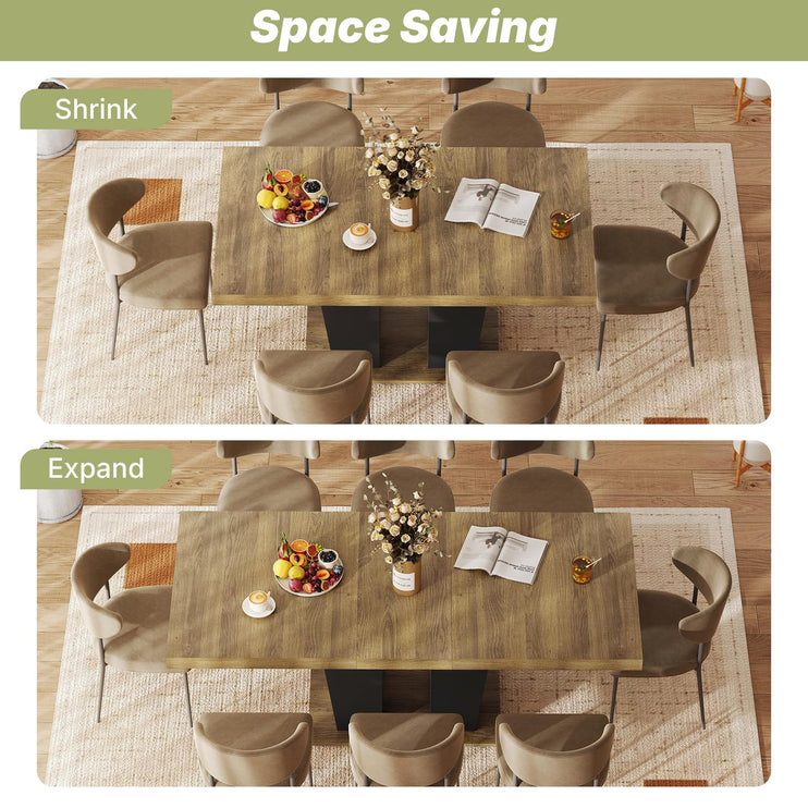 63"-78.7" Expandable Dining Table, 6-10 Rectangle Table, Extendable Console Table, Wooden Farmhouse Kitchen Table with Metal Track & Dual Column Base for Living, Office-Brown