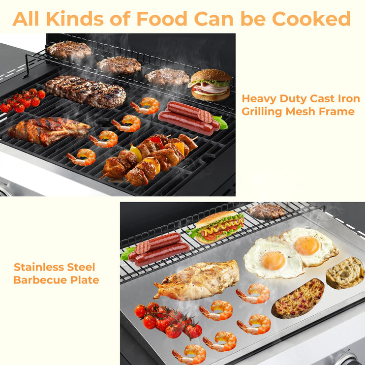 4 Burner Propane Grill with Built-in Thermometer, Durable Lid, Wheels, Foldable Side Tables, Stainless Steel Grilling Pan, 49,200 BTU Gas Grill for Patio, Garden Barbecues