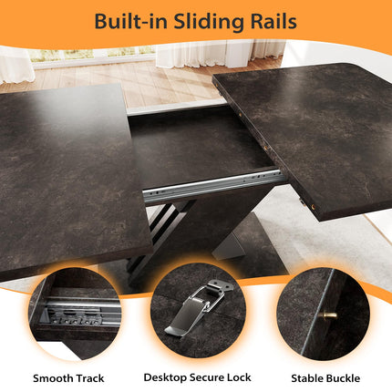 55"-70.87" Expandable Dining Table, Dinner Table for 4-8, Farmhouse Kitchen Table with X-Shaped Design Base, Rectangular Long Kitchen Table with Metal Track for Dining Room, Office-Marble