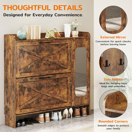 40.51" Shoe Storage Cabinet with 2 Flip Drawers & Side Cabinet, Flip Drawer Shoe Cabinet with Mirror and Adjustable Shelves, Wooden Shoe Organizer Cabinet for Entryway, Livingroom, Brown