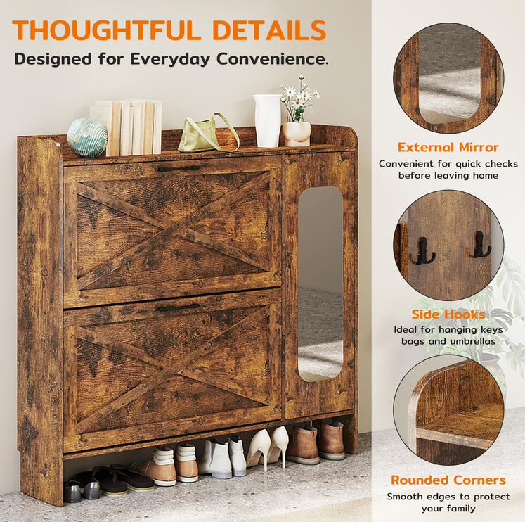 40.51" Shoe Storage Cabinet with 2 Flip Drawers & Side Cabinet, Flip Drawer Shoe Cabinet with Mirror and Adjustable Shelves, Wooden Shoe Organizer Cabinet for Entryway, Livingroom, Brown
