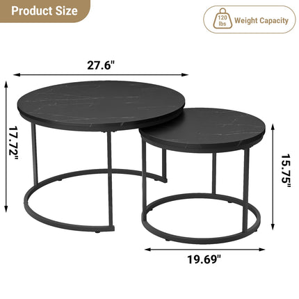Small Coffee Table Round, Wood Nesting Coffee Table Set 27.6” with Marble Pattern Circle Table for Living Room, Bedroom, Patio, Yard (Black)