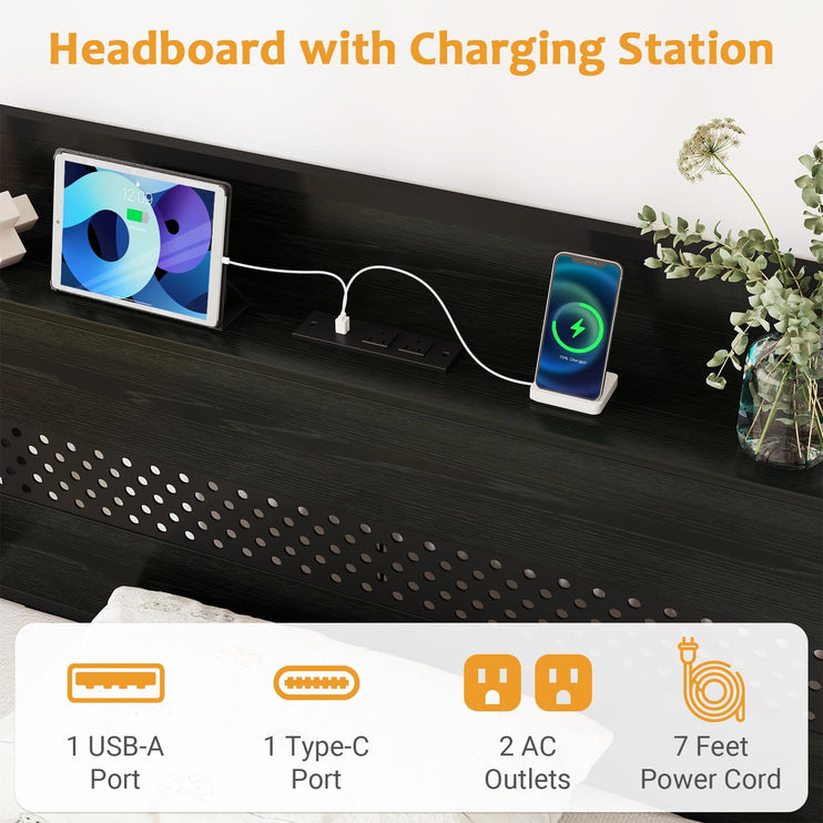 Twin Bed Frame with Storage Drawers, Twin Metal Bed Frame with LED Light and Charging Station, Heavy Duty Metal Slats, No Box Spring Needed, Black