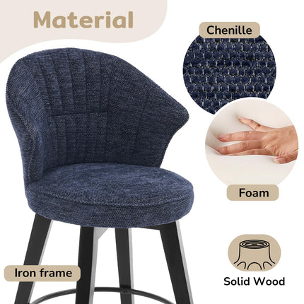 Bar Stools Set of 2, 25" Counter Height Stools, 360° Swivel Bar Stools, Stools for Kitchen Counter, Barstools Set of 2 with Wood Legs & Chenille Upholstery for Pub & Dining Room-Blue