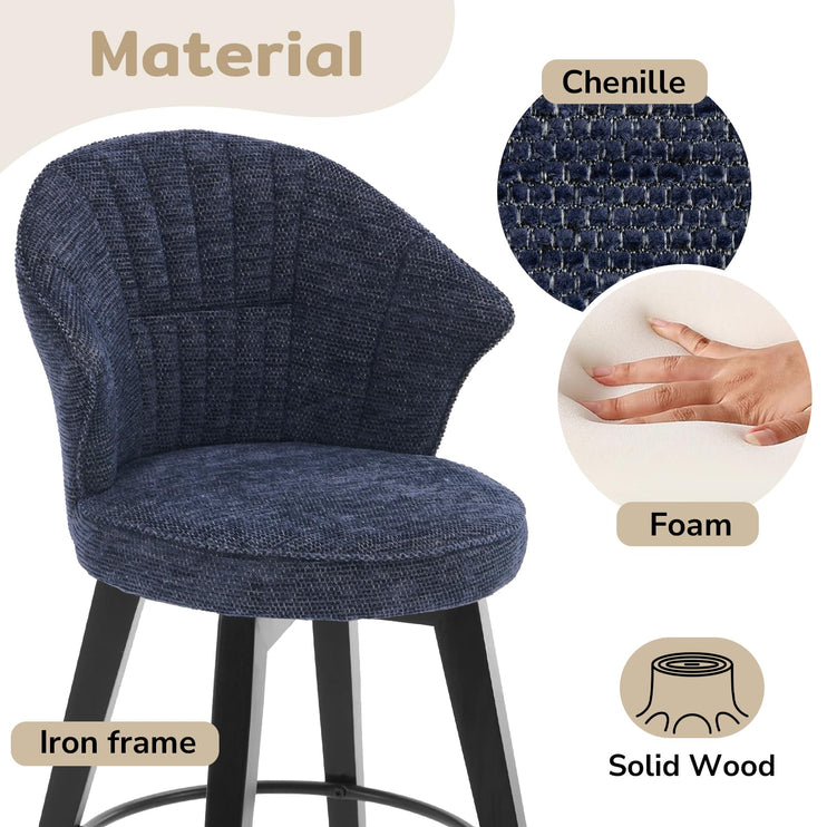 Bar Stools Set of 2, 25" Counter Height Stools, 360° Swivel Bar Stools, Stools for Kitchen Counter, Barstools Set of 2 with Wood Legs & Chenille Upholstery for Pub & Dining Room-Blue