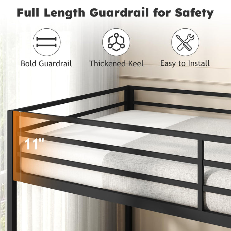 Twin Over Twin Bunk Bed, Metal Low Profile Bunkbeds with Full-Length Guardrail and Ladder, Space Saving, No Boxing Spring Needed, Black