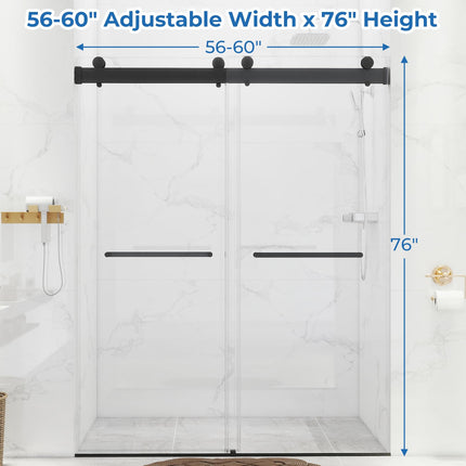 56-60'' W x 76 '' H Shower Doors, Frameless Double Sliding Doors, Walk in Shower Doors with 3/8" (10 mm) Tempered Glass, Stainless Steel Handles, Matte Black