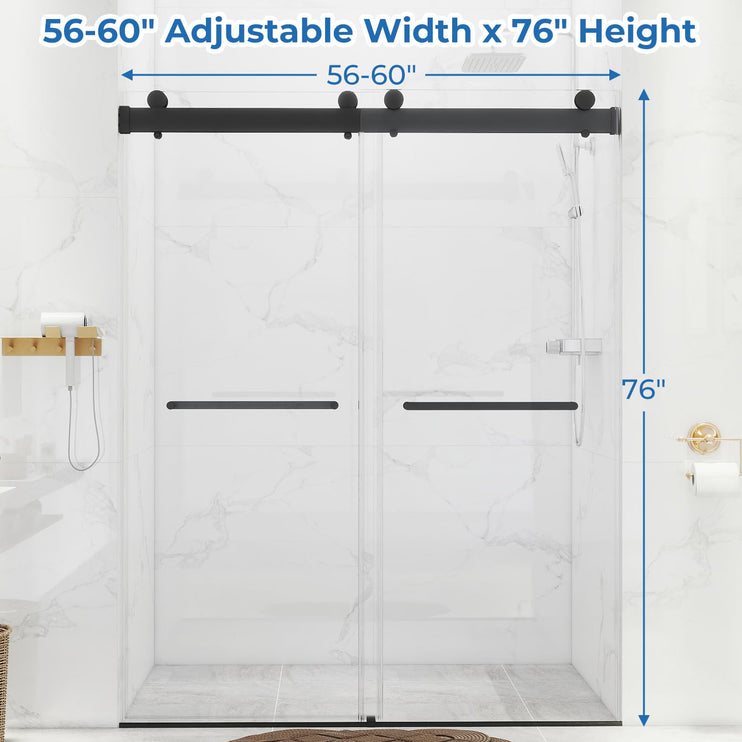 56-60'' W x 76 '' H Shower Doors, Frameless Double Sliding Doors, Walk in Shower Doors with 3/8" (10 mm) Tempered Glass, Stainless Steel Handles, Matte Black