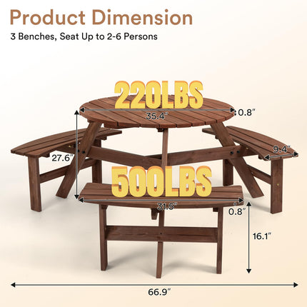 6 Person Wood Picnic Table, Round Tabletop with Umbrella Hole, 3 Built-in Curved Benches, 1720LBS Total Capacity for Patios, Backyard, Brown