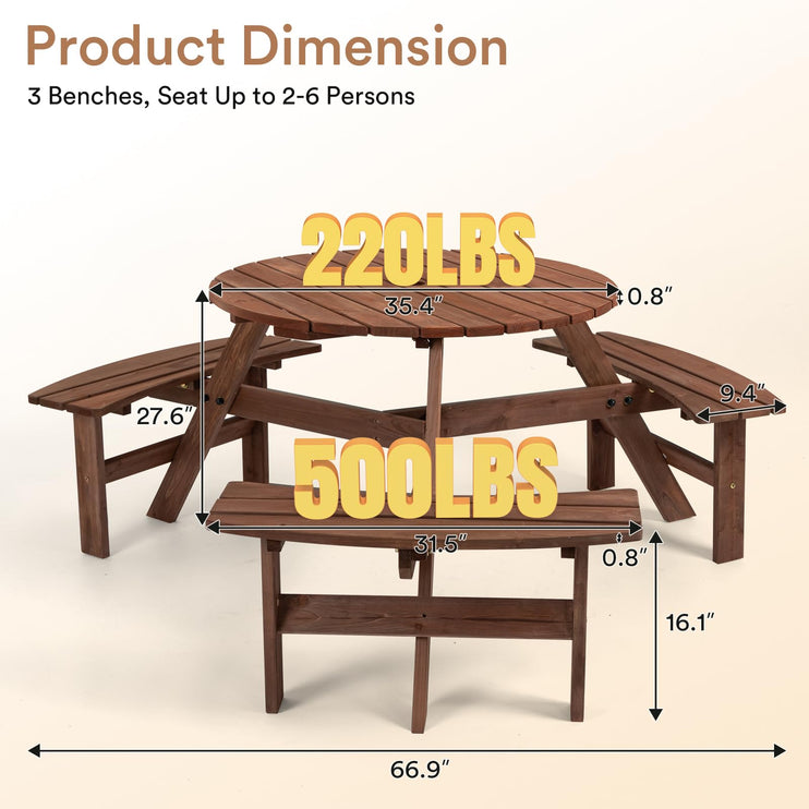 6 Person Wood Picnic Table, Round Tabletop with Umbrella Hole, 3 Built-in Curved Benches, 1720LBS Total Capacity for Patios, Backyard, Brown