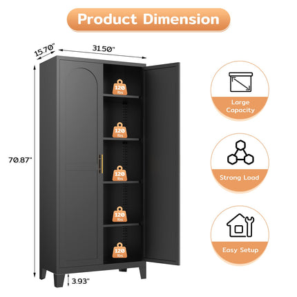 70.87" H Metal Kitchen Pantry Cabinet, Freestanding Cupboard with 2 Doors and 4 Adjustable Shelves, Tall Metal Storage Cabinet for Kitchen, Bathroom, Dinning Room or Laundry Room （Black）