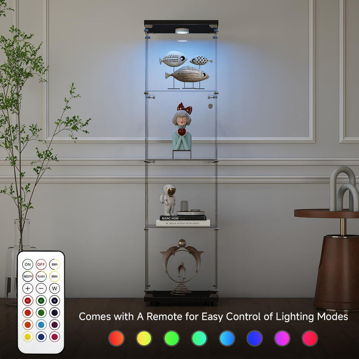 Tempered Glass Display Cabinet with Lights, 4-Tier Curio Cabinet with Glass Doors and Lock, Glass Display Case for Collectibles, for Living Room, Office, Bedroom, Single Door, Black