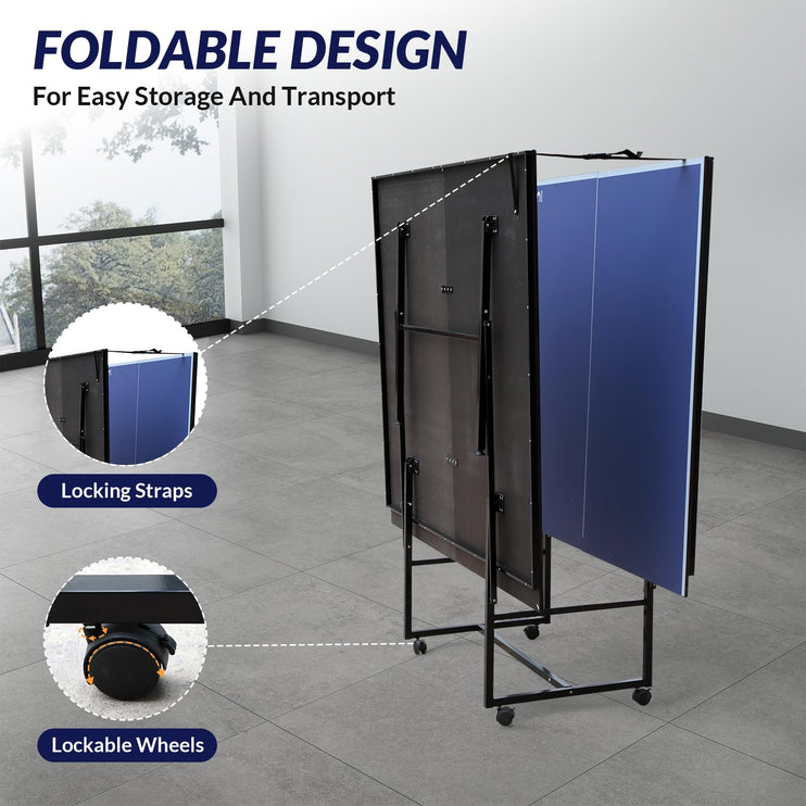 Portable Table Tennis Table, 9FT Foldable Ping Pong Game Set for Indoor/Outdoor, Ping Pong Table Top with Net, 2 Paddles and 3 Balls, Table Tennis Set 10 Minute Quick & Easy Assembly