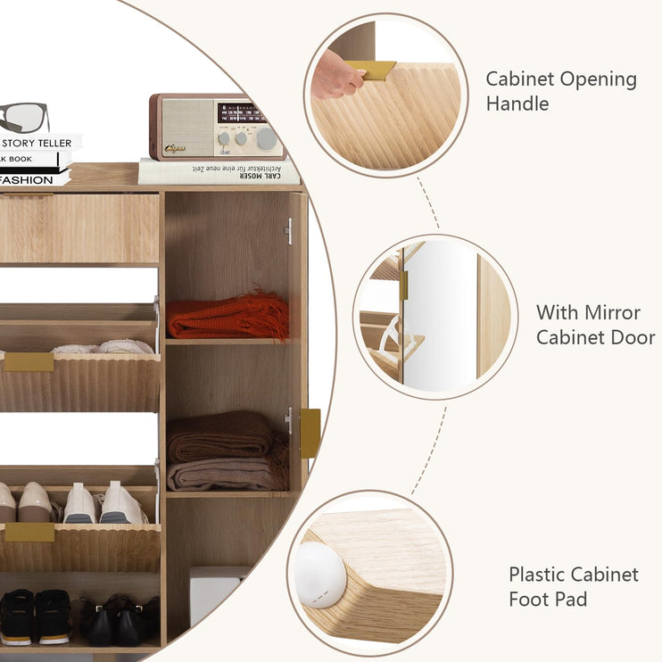 Shoe Storage Cabinet with Mirror, Flip Drawer Shoe Cabinet with Side Cabinet, Anti-Tip Design, Shoe Organizer Cabinet for Entryway, Front Door, Foyer, Hallway, Light Wood Color