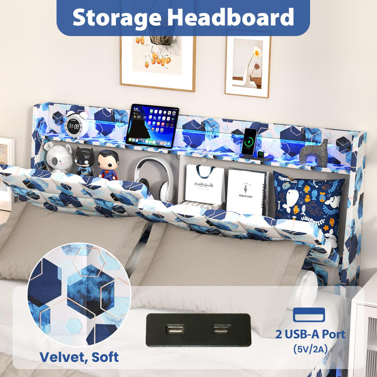 Floating Queen Bed Frame with Storage, Upholstered Platform Bed Frame Queen with LED Lights, Floating Bed Frame with Headboard, Charging Station with USB Ports, No Noise, Blue